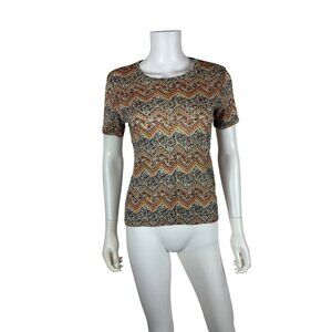Vintage 70s Patterned T Shirt Womens XS Bohemian Orange Chevron Floral Print Top